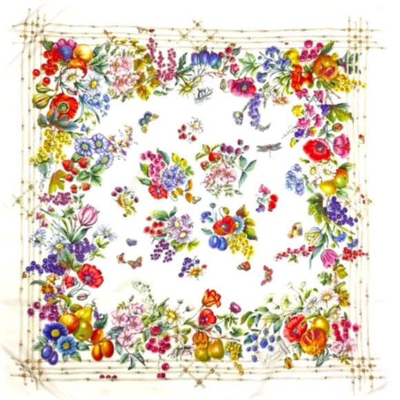 GUCCI Floral Fruit Motif Scarf 100% Silk EUC